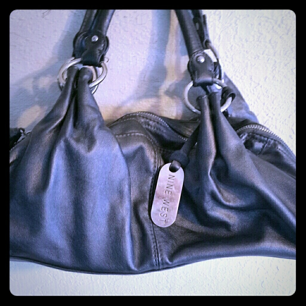 Metallic Gun Metal Gray Leather Hand Bag